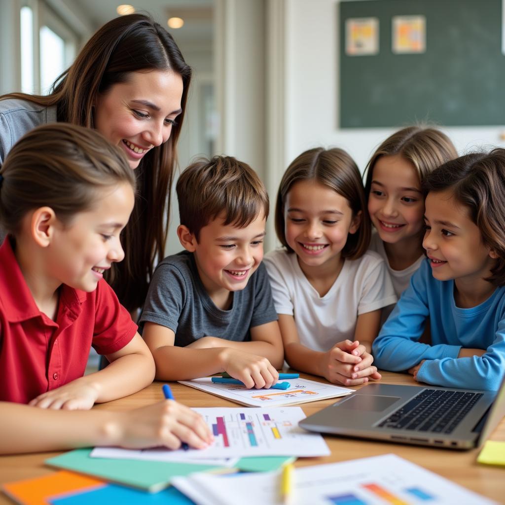 Group of young students learning coding with a teacher