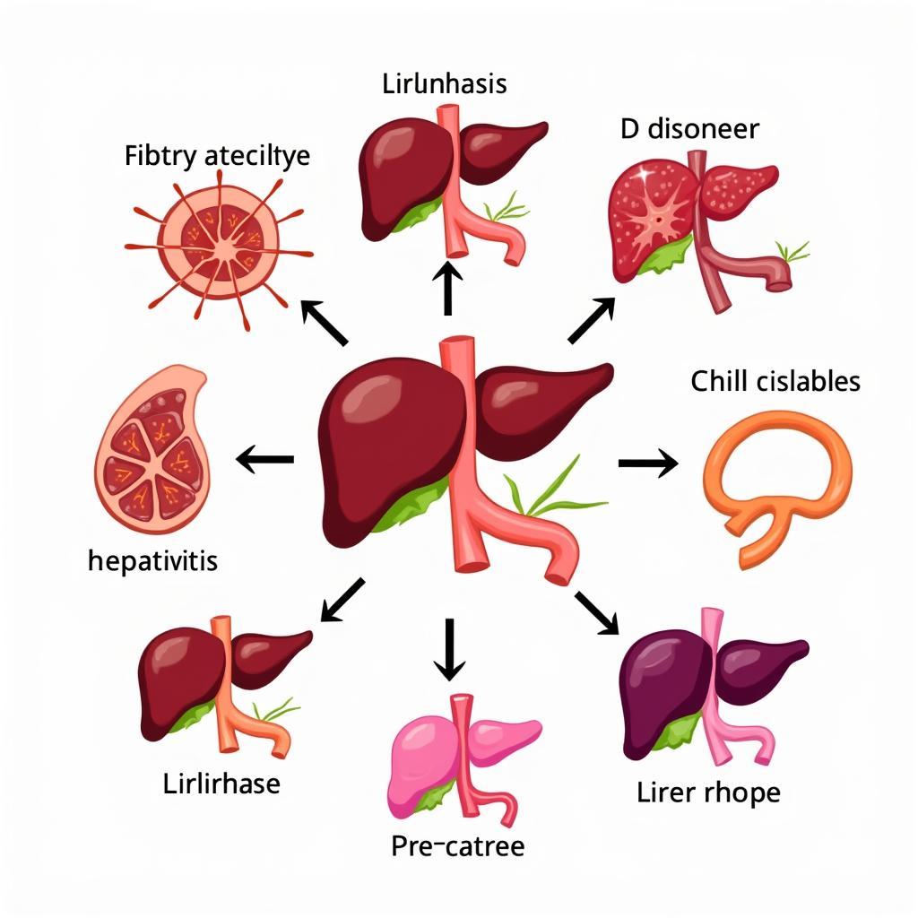 Hình ảnh minh họa các bệnh lý về gan, bao gồm viêm gan, gan nhiễm mỡ, xơ gan và ung thư gan
