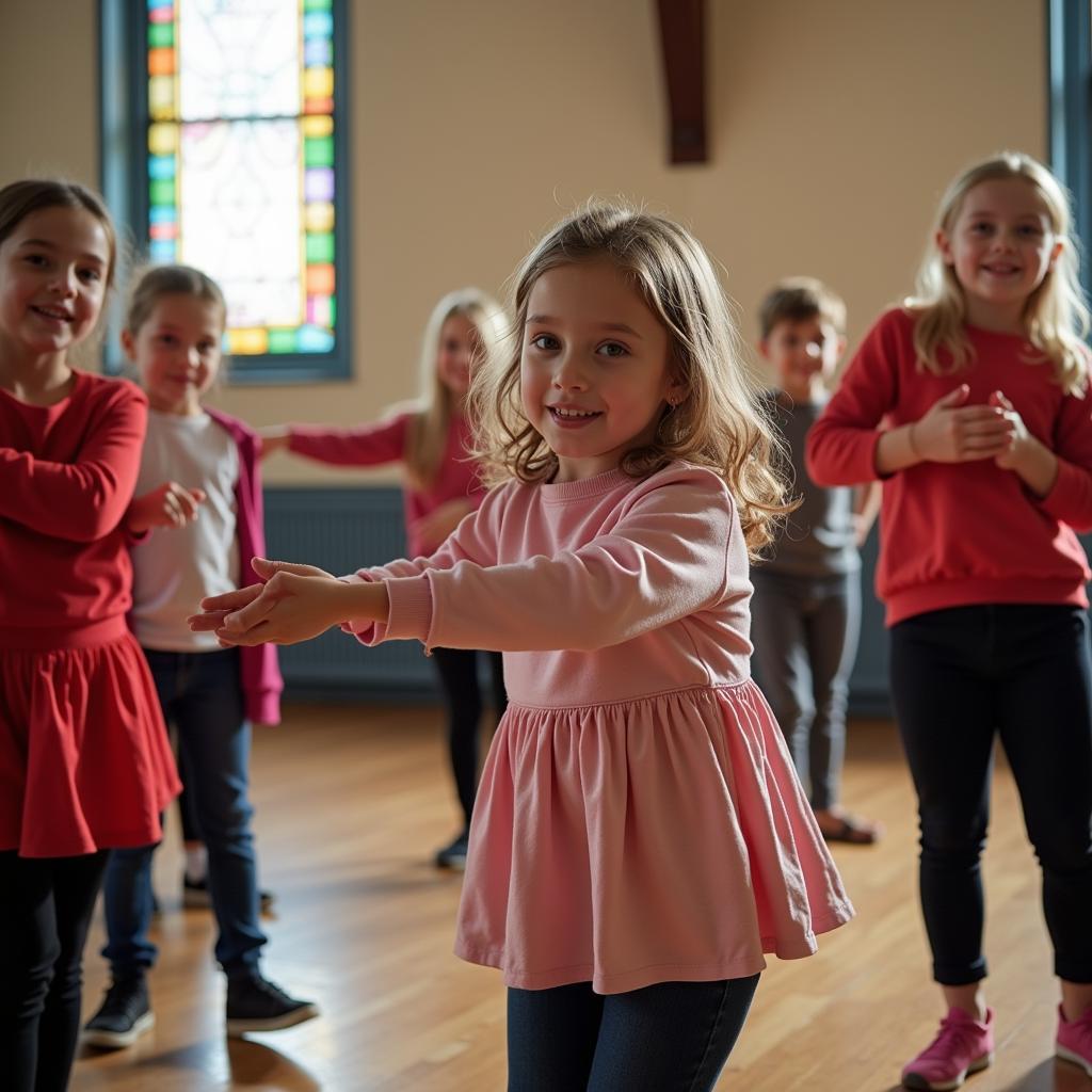 Young children practicing a Christian dance