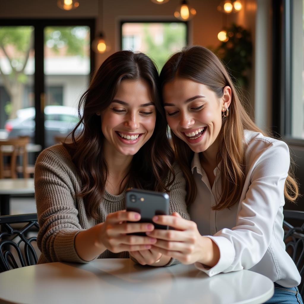 Happy couple looking at a phone