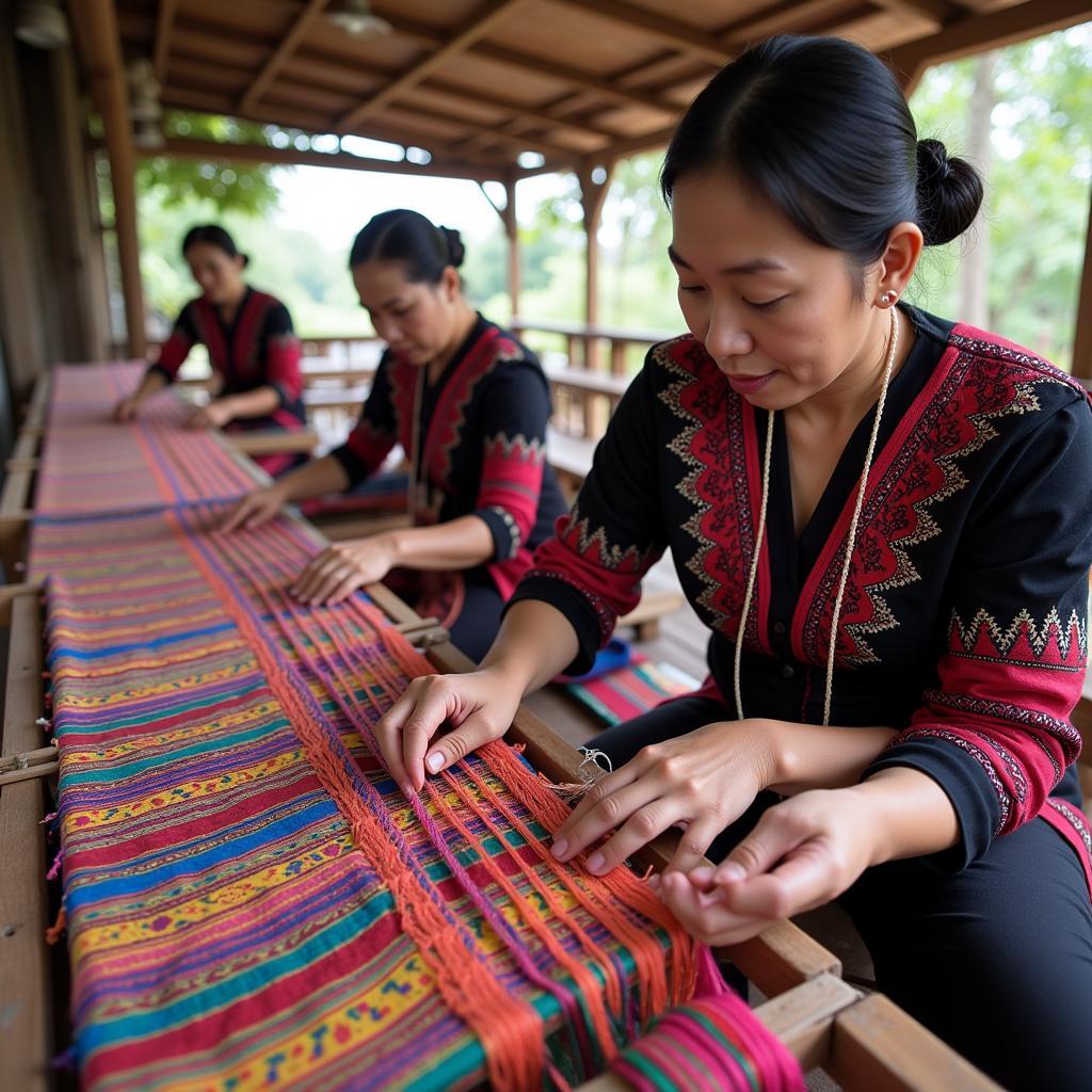 Phụ nữ Chăm đang dệt vải Tin Ni