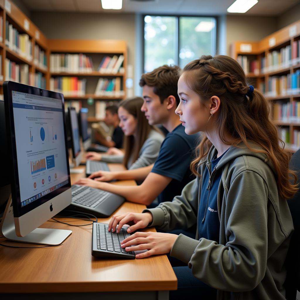 Students studying at a public library with computers