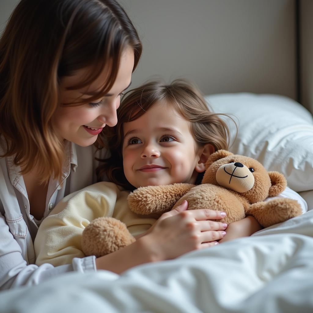 A parent tucking their child into bed