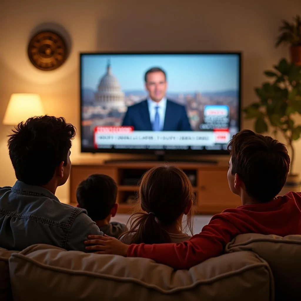 Family watching English news on TV