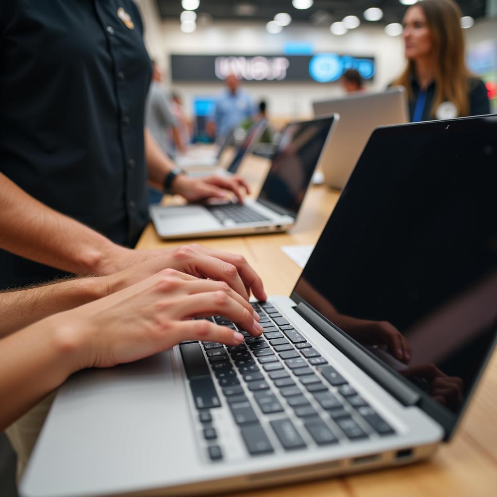 Customer inspecting a laptop at a store with the assistance of a staff member