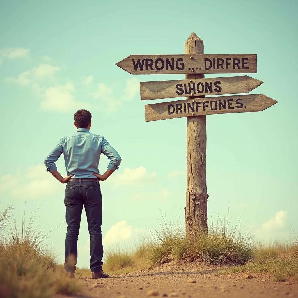 a person standing confidently in front of a wrong direction sign