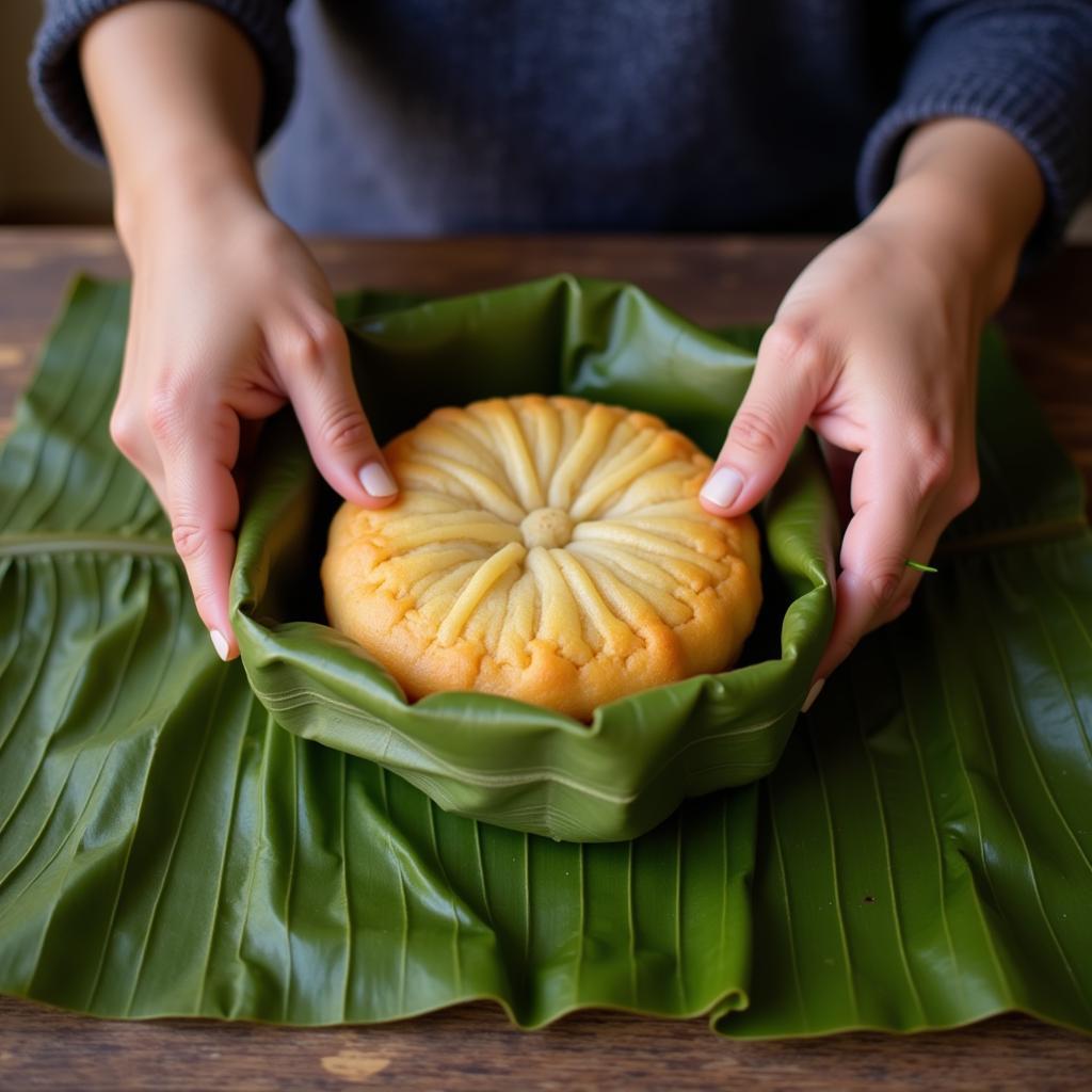 Bàn tay người mẹ đang gói bánh chưng