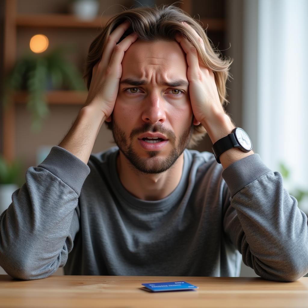 A person looking stressed and holding a credit card