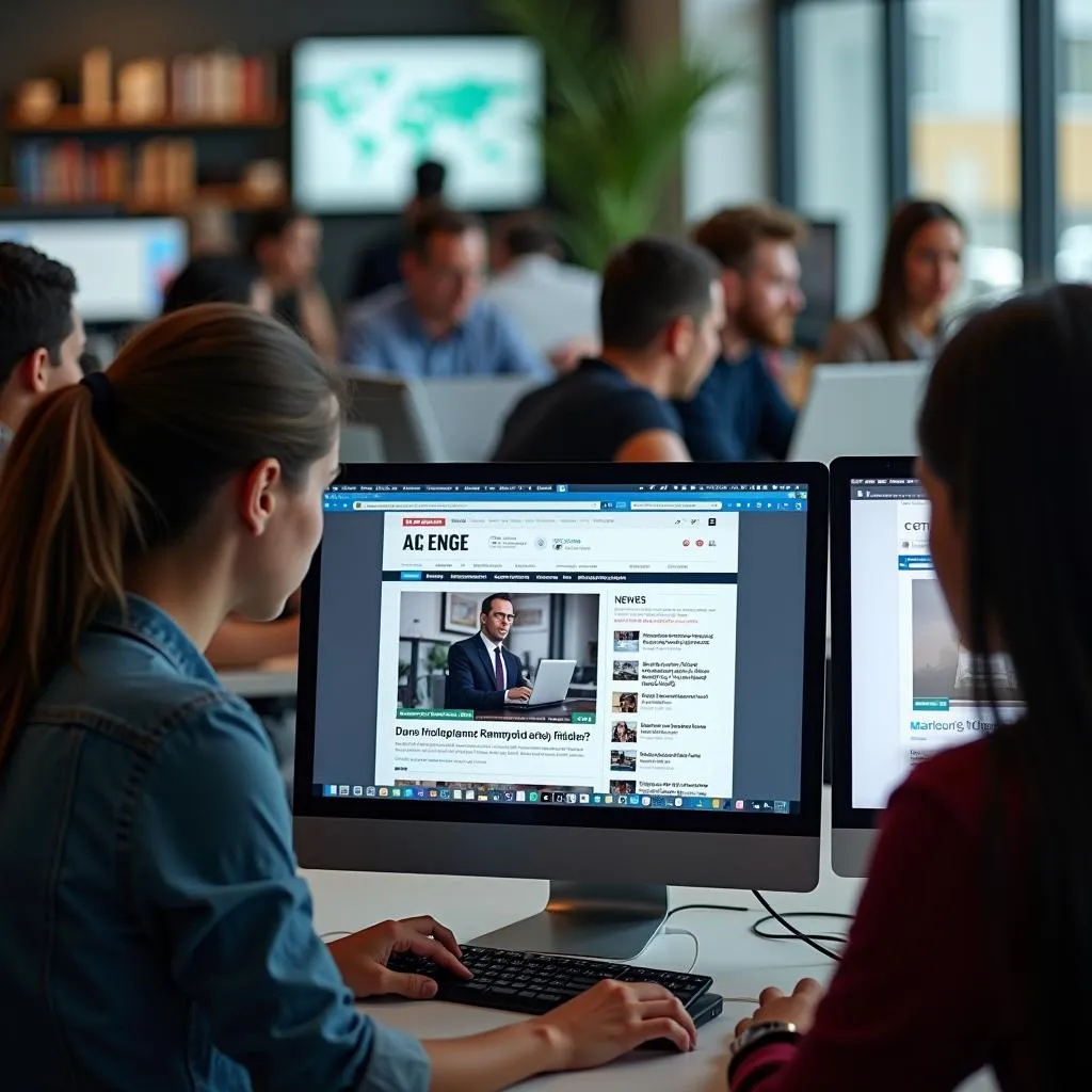 People reading English news on their computer screens