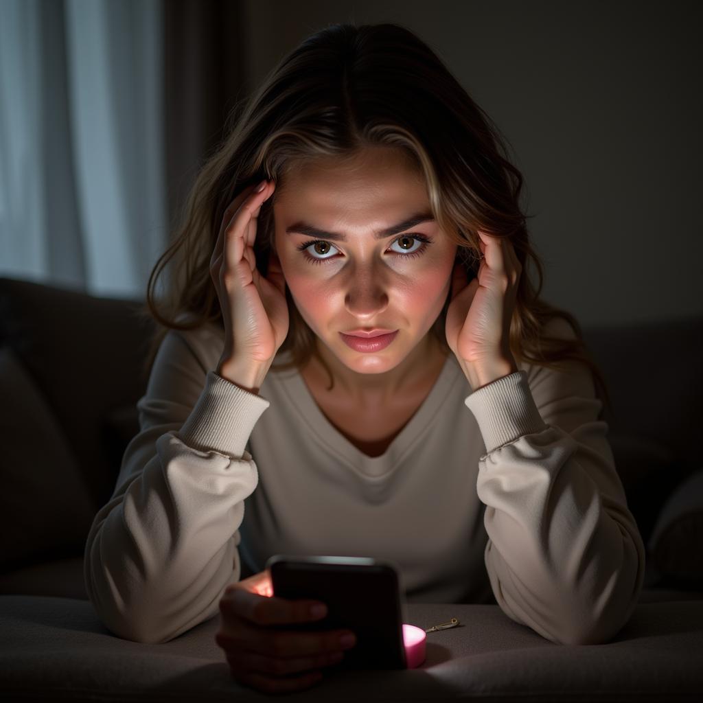 worried woman holding a smartphone