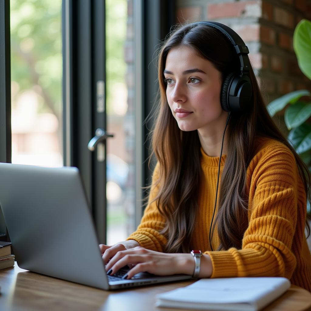 Woman listening to English podcast