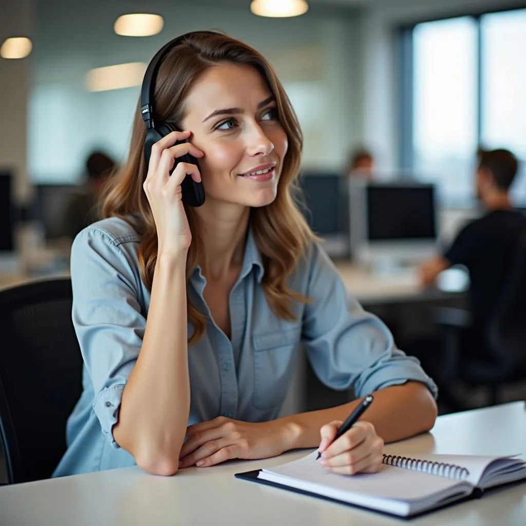 A woman listening to a voice message in the office