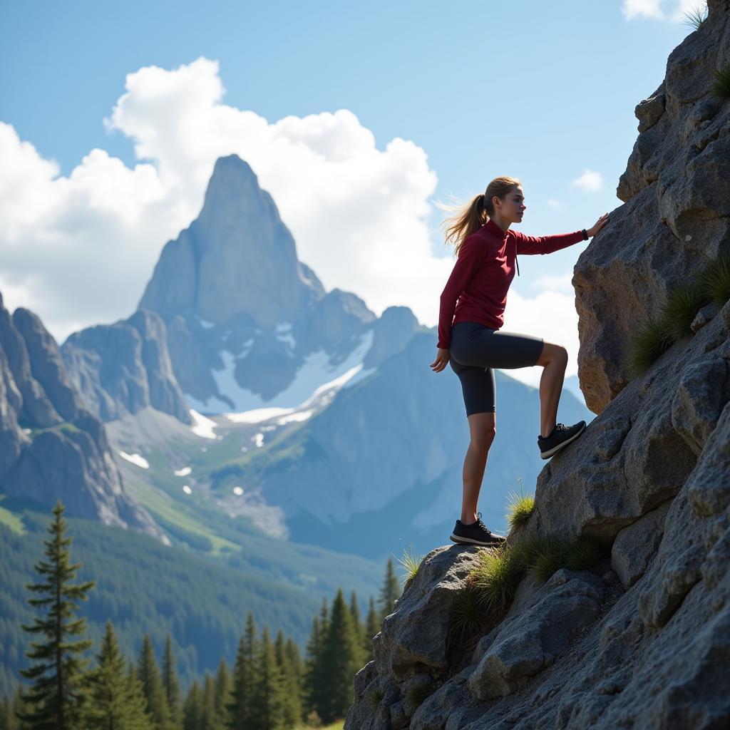 Young woman climbing a mountain