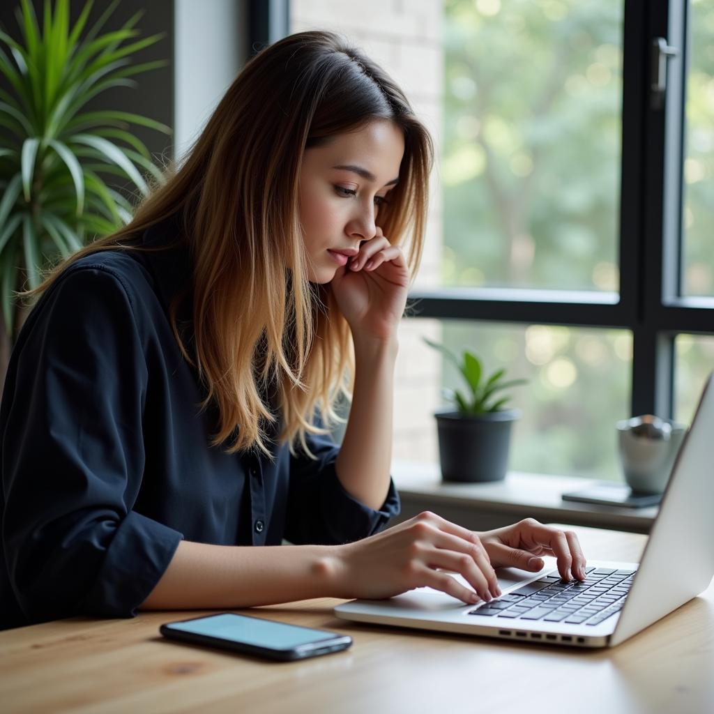 Woman busy working on laptop, ignoring her phone