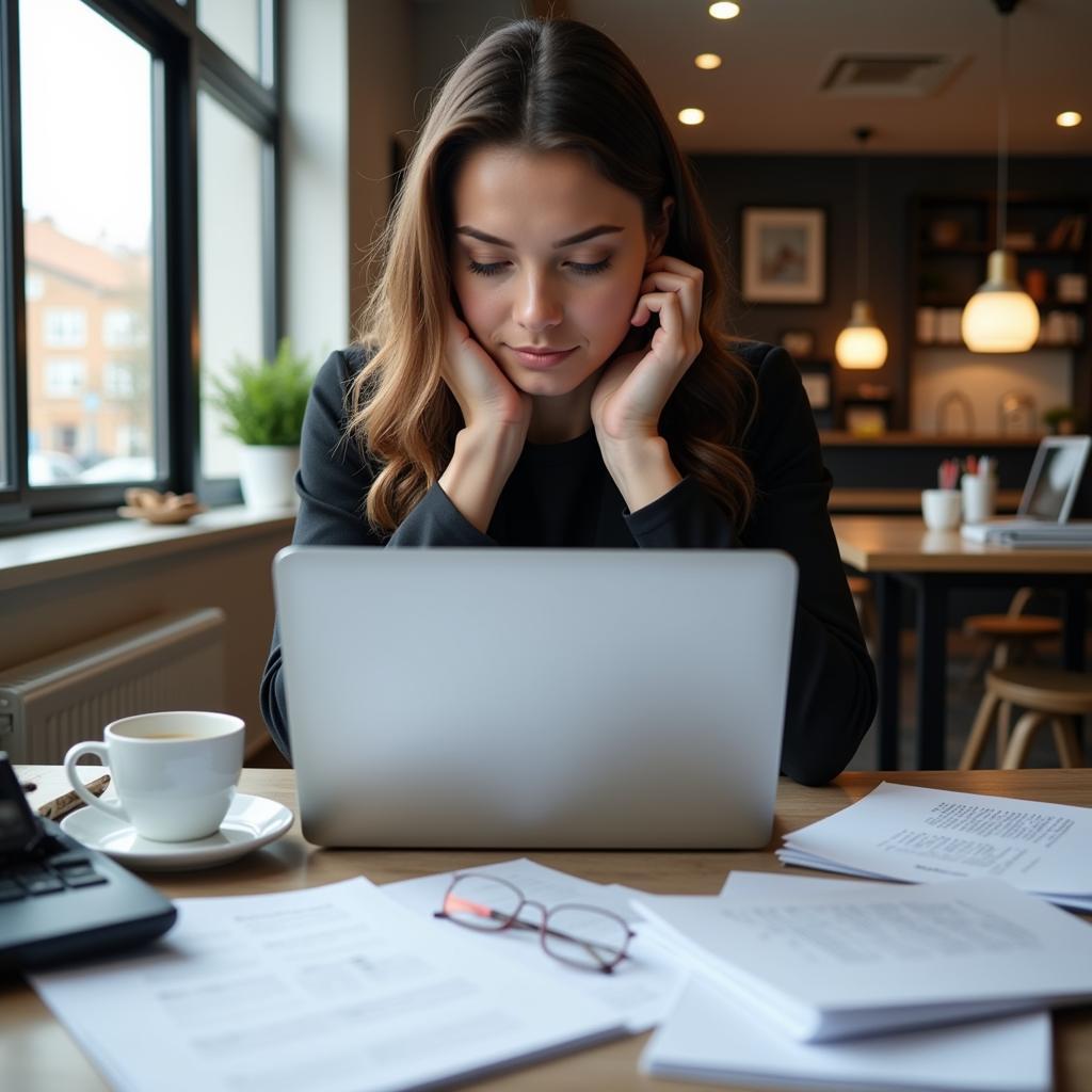 A woman working on her laptop, looking stressed and focused.