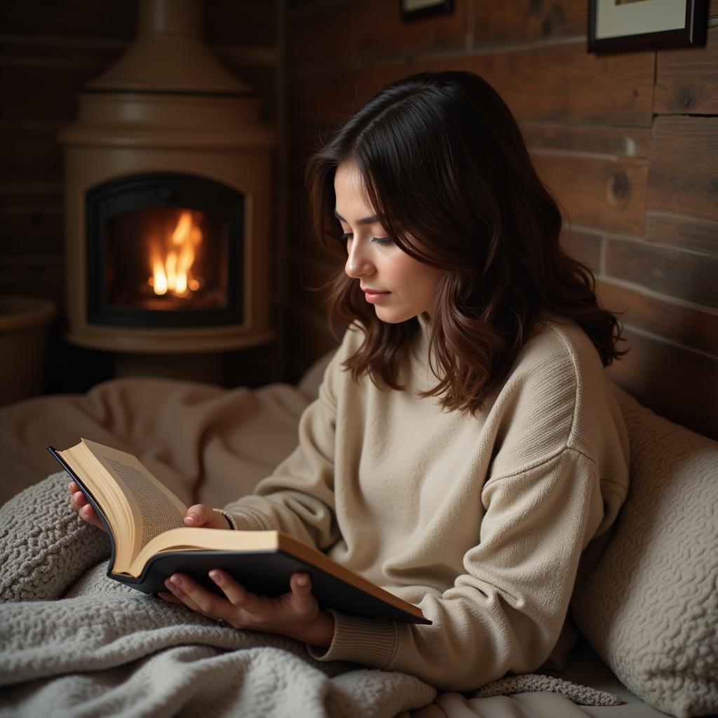 A woman reading a book, looking relaxed and calm.